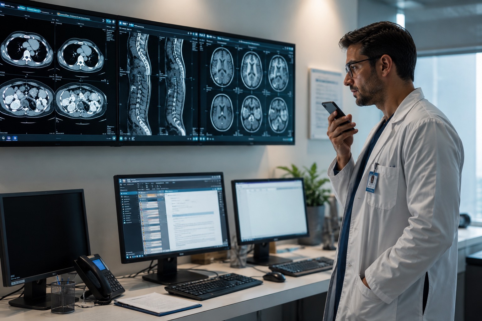 A radiologist using the Doctilio medical dictation app to dictate a structured radiology report on iPhone at a reading-room workstation, CT and MRI scans on the monitors behind